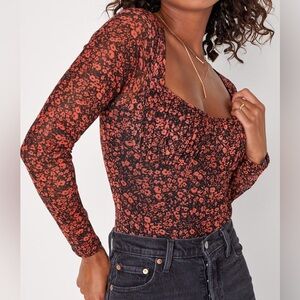 NWOT Lulu’s Major Aesthetic Black and Orange Floral Mesh Bodysuit